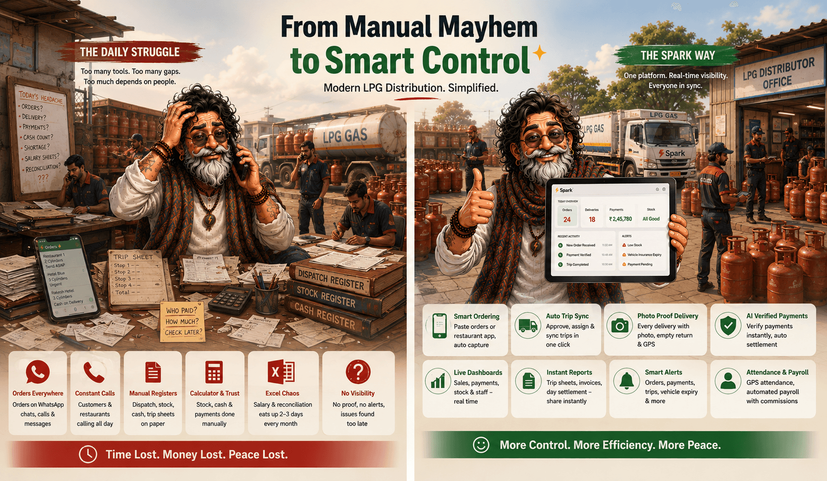 Left, the daily struggle of LPG distribution: WhatsApp orders, constant calls, paper registers, and Excel reconciliation. Right, the Spark way: smart ordering, auto trip sync, photo-proof delivery, AI-verified payments, live dashboards, and GPS payroll.