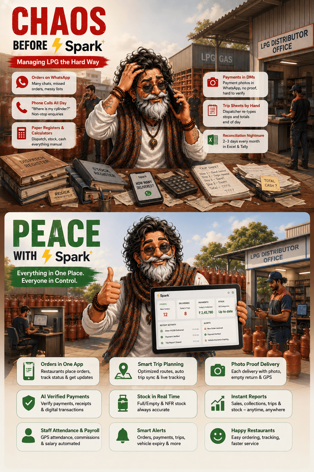 Chaos before Spark: paper dispatch, stock and cash registers, WhatsApp orders, and handwritten trip sheets. Peace with Spark: restaurant orders, trip planning, photo-proof delivery, AI payments, live stock, and automated payroll.