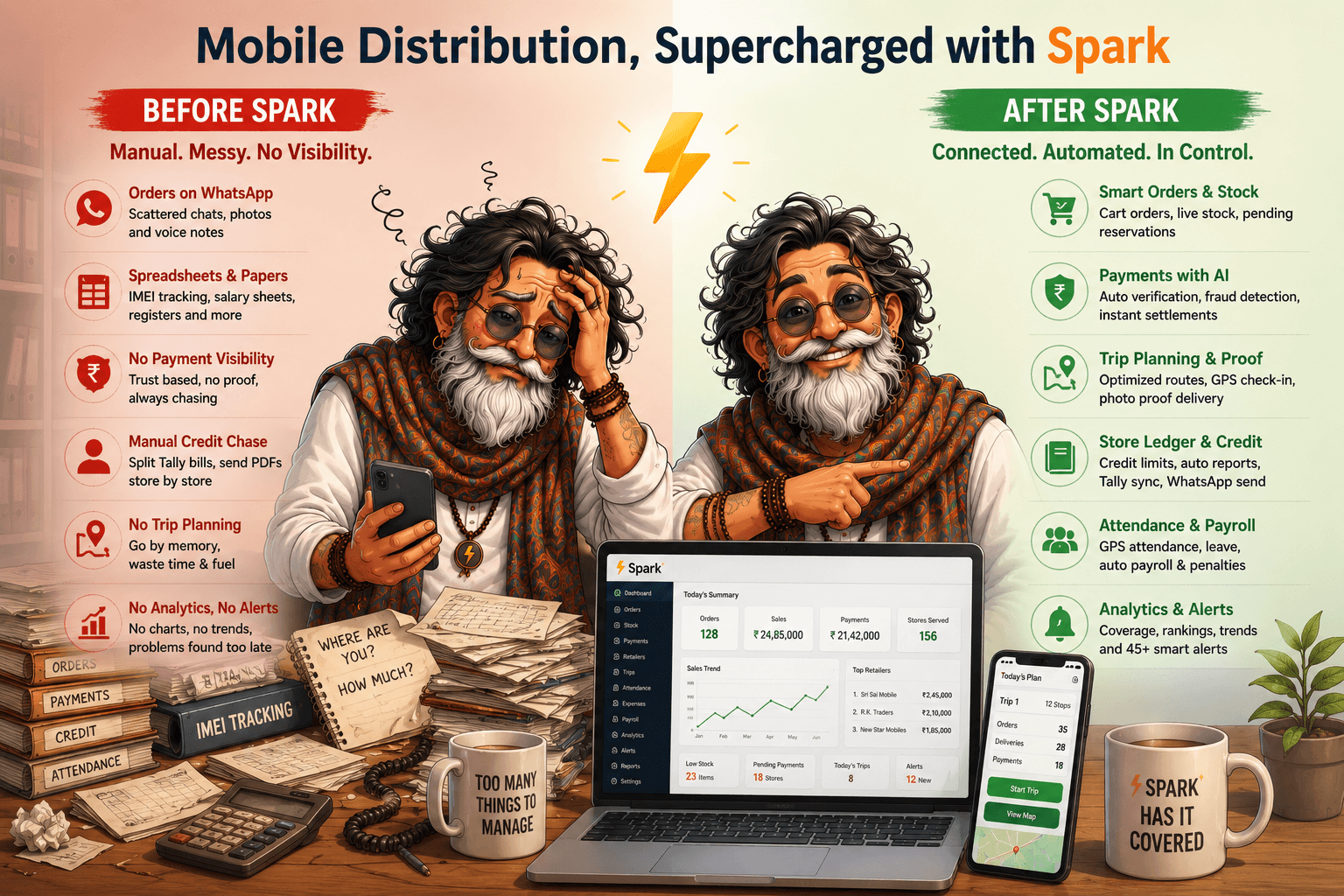 Left: a distributor buried in WhatsApp orders, spreadsheets, Tally PDFs and paper registers. Right: the same owner with Spark, a live sales dashboard on a laptop and today's trip plan on a phone.