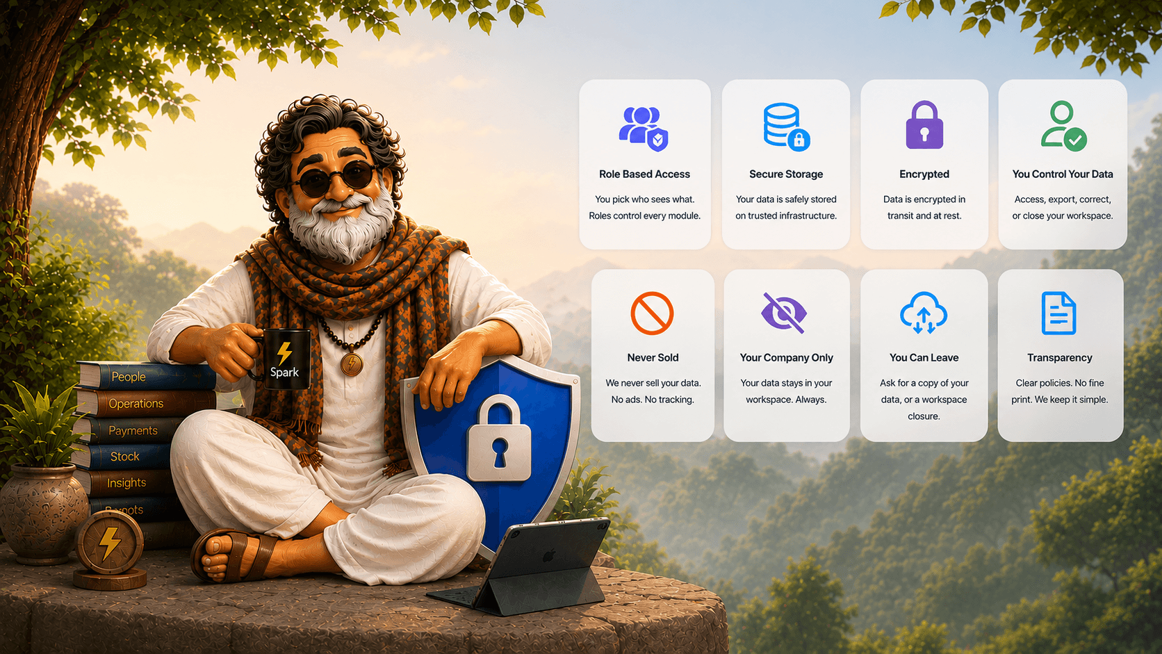 Eight Spark privacy promises: role based access, so you pick who sees what and roles control every module; secure storage on trusted infrastructure; encryption in transit and at rest; you control your data, with access, export, correction, or workspace closure; never sold, with no ads and no tracking; your company only, so your data stays in your workspace; you can leave, by asking for a copy of your data or a workspace closure; and transparency, with clear policies and no fine print.