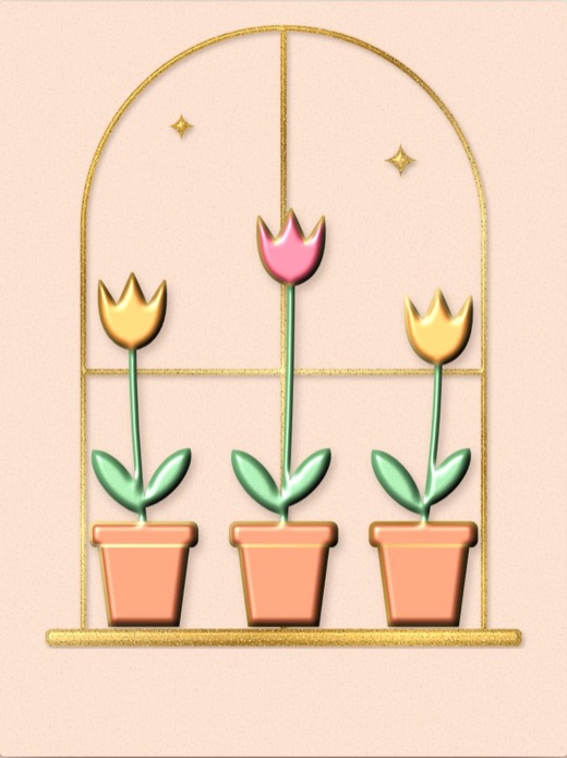 Tulip Sill: three potted tulips under a gold arched window